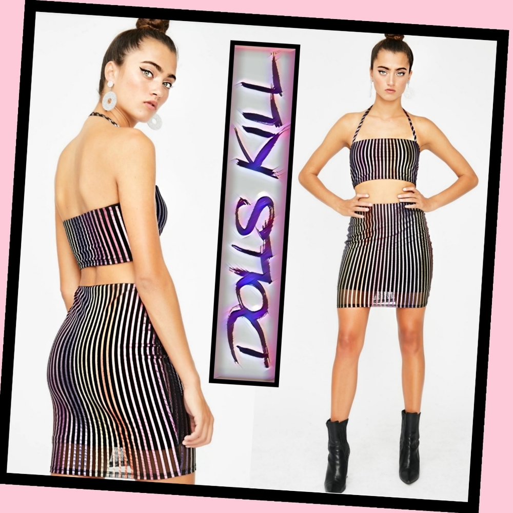 DOLLS KILL Electra Rave Punk Stripe Skirt, Top Set